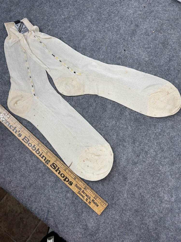 antique socks silk/rayon mens foot new/old white w/ stripe deco original 1920-40