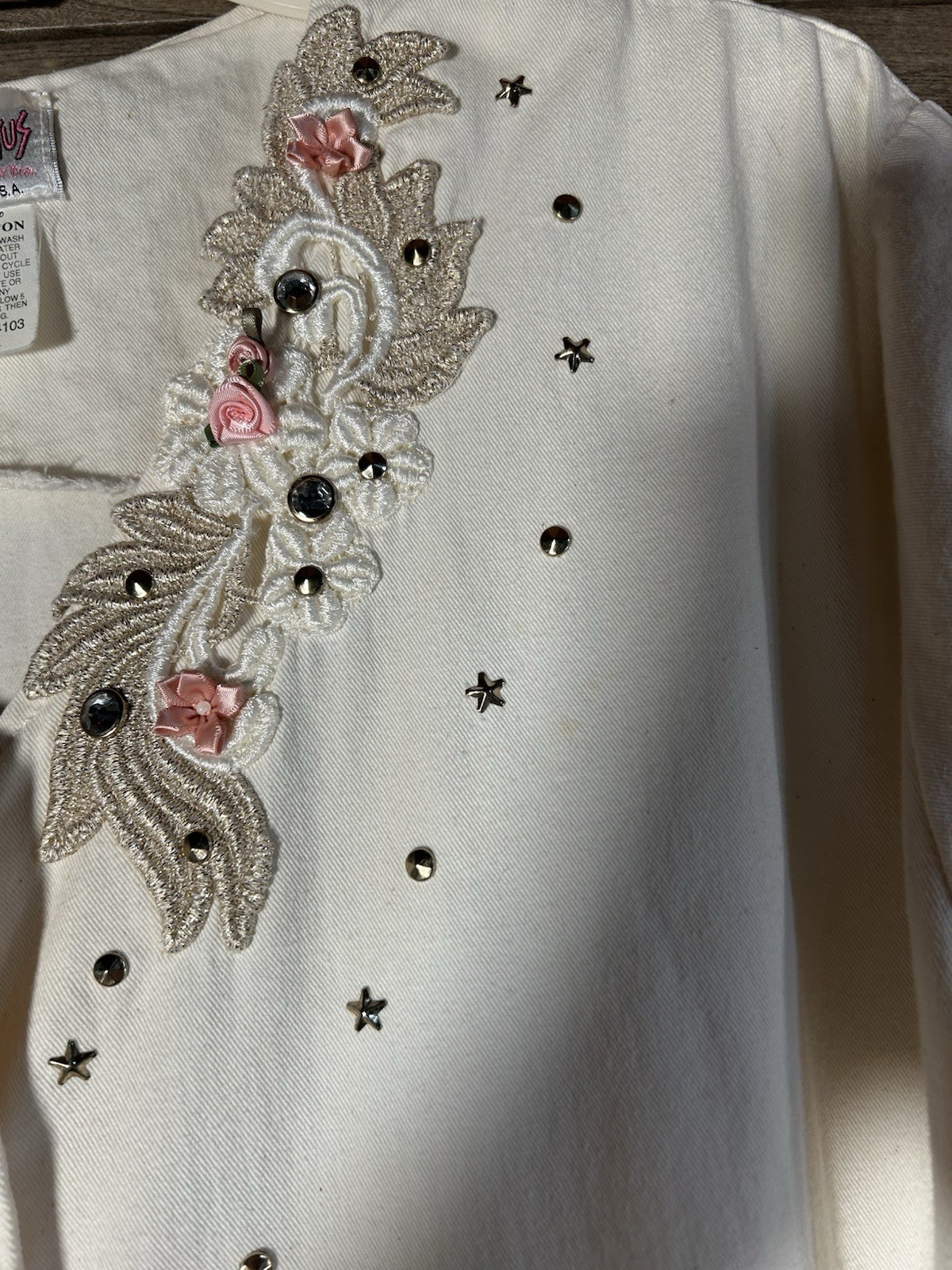 Country ChicCreamColored Denim Dress PearlButtons Appliqué Bedazzled VTG 80-90s