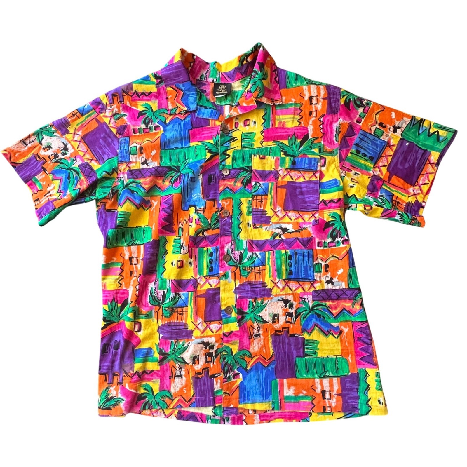 Toucan Dance Fast Lane Vintage Abstract Tropical Cotton Button Down Shirt Medium