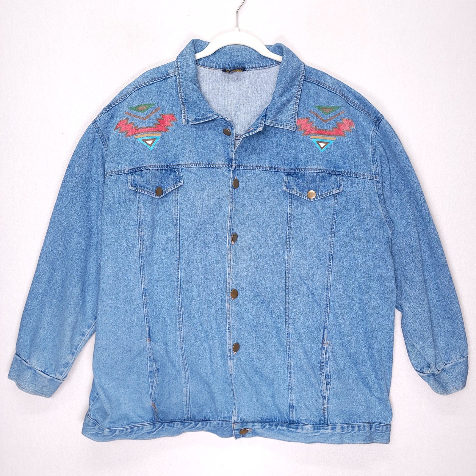 Vintage Hunters Run Southwestern Geometric Print Denim Jacket Shirt Size 5X