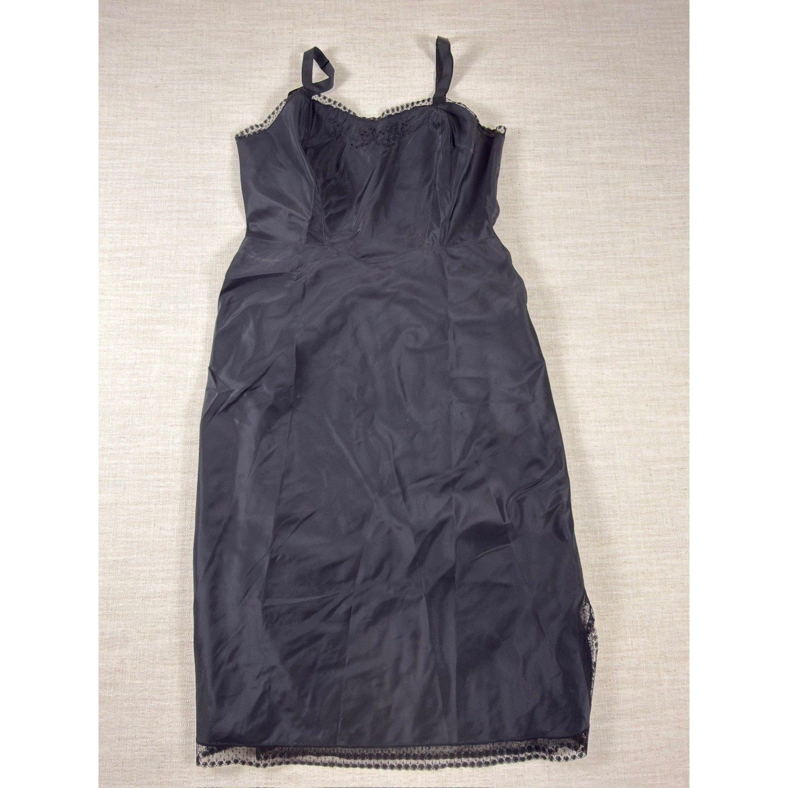 Vintage Barbizon Camiselle Tafredda Black Lace Trim Full Slip Dress Size 14 Miss