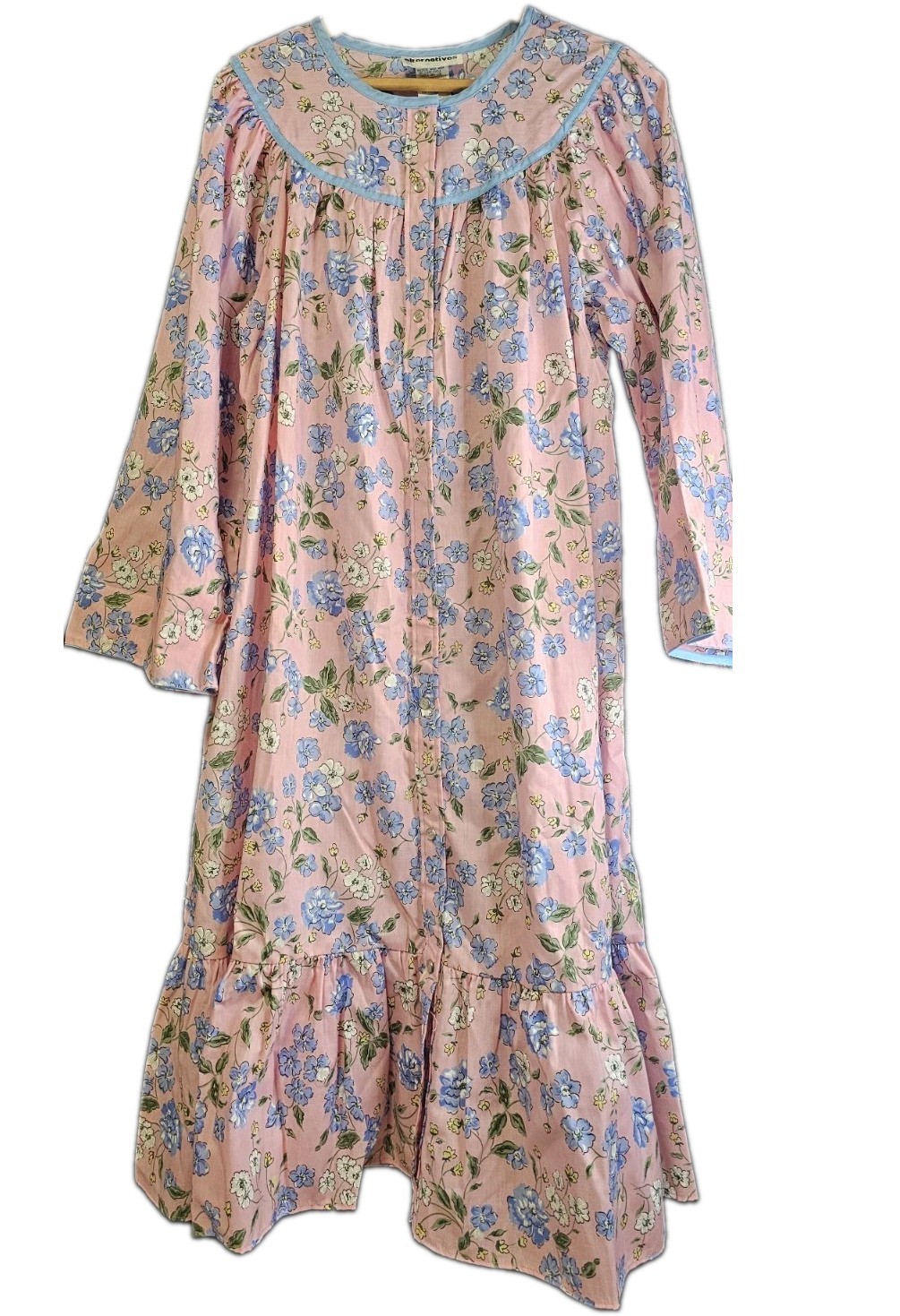 Vintage 80s Alternatives Floral House Dress Pink Blue Button Front USA…