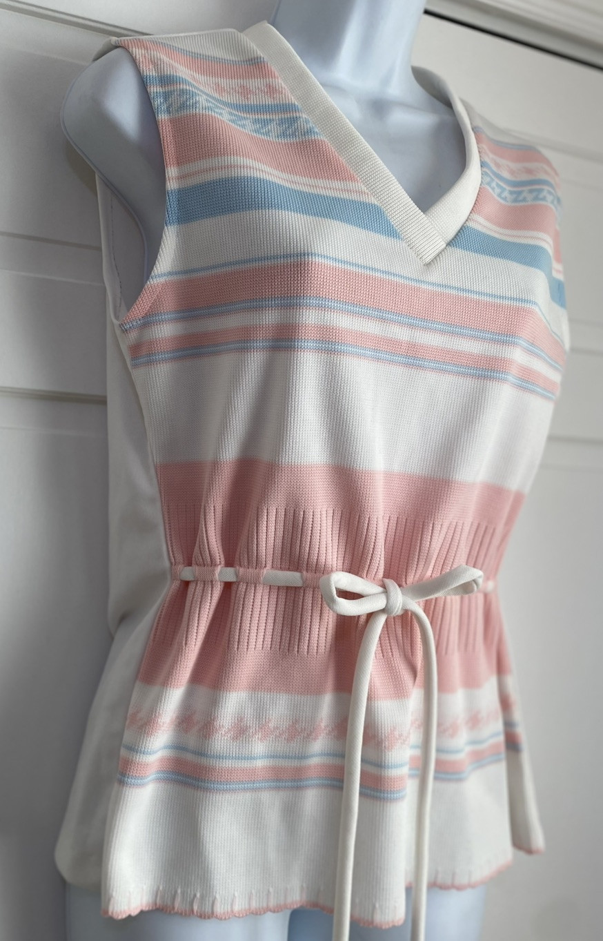 Vintage 60s 70’s White w/ Pink Stripe Poly Knit Tie Waist Women Size 12