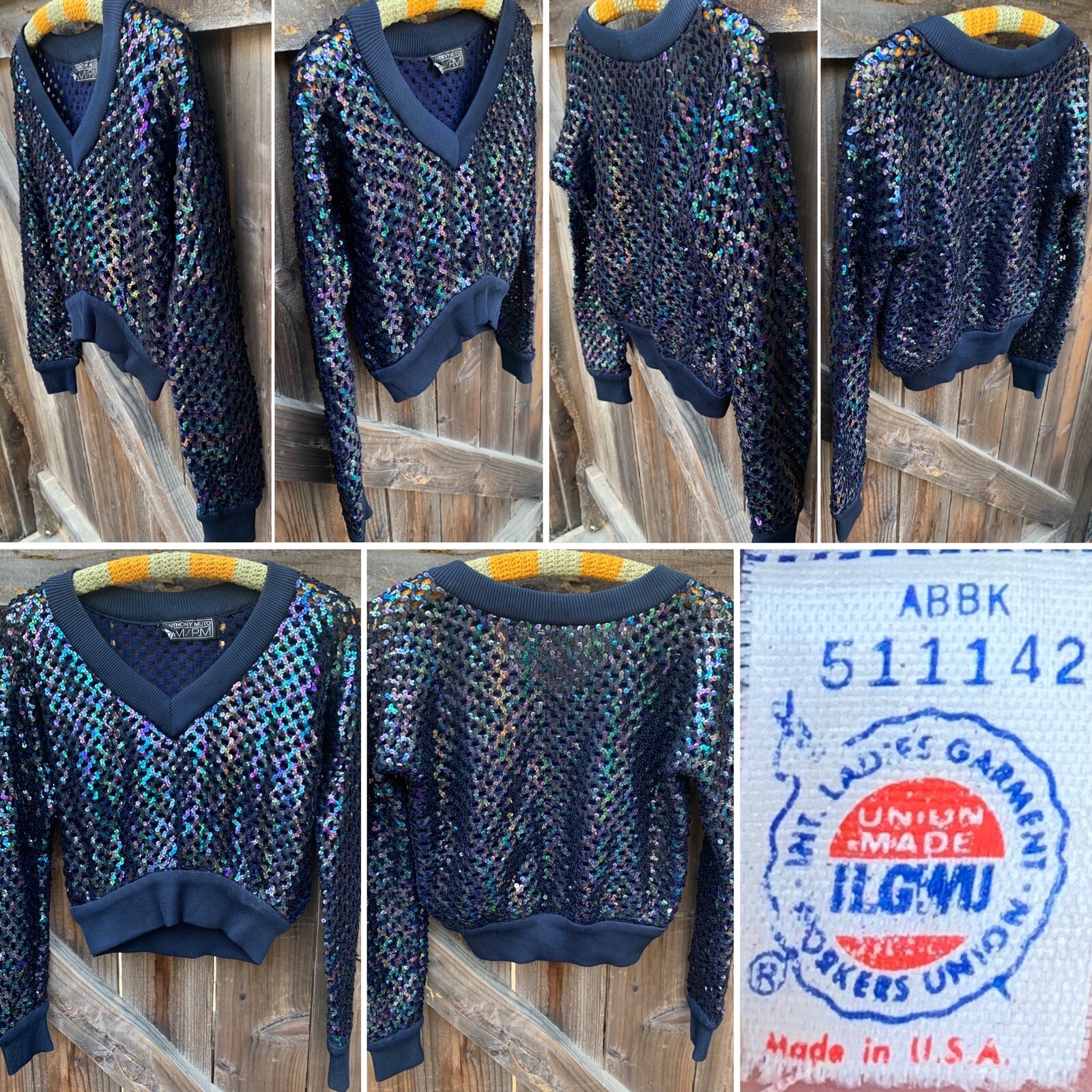Vintage Anthony Muto AM PM Sequin Top Long Sleeve V Neck 70s 80s Size S M