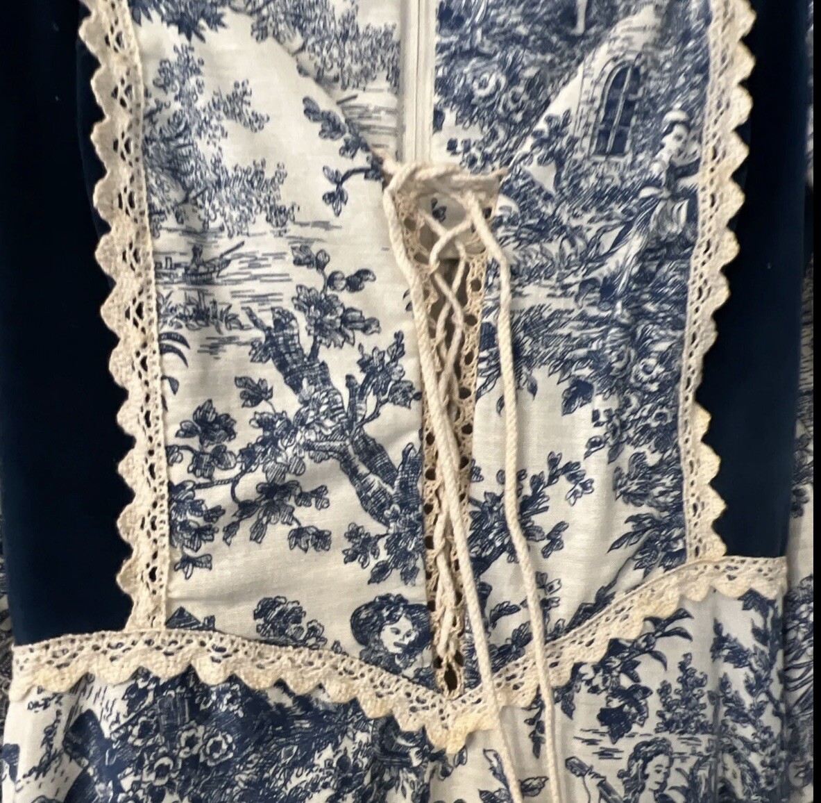 1970’ GUNNE SAX by Jessica Toile de Jouy Maxi Dress Blue Velvet Lace-up Blue 11