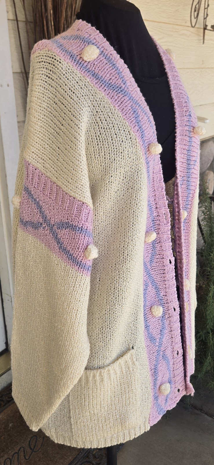 1980s CHAUS SPORT Pastel Pink And Blue Chunky Knit Cardigan Sweater Size Medium
