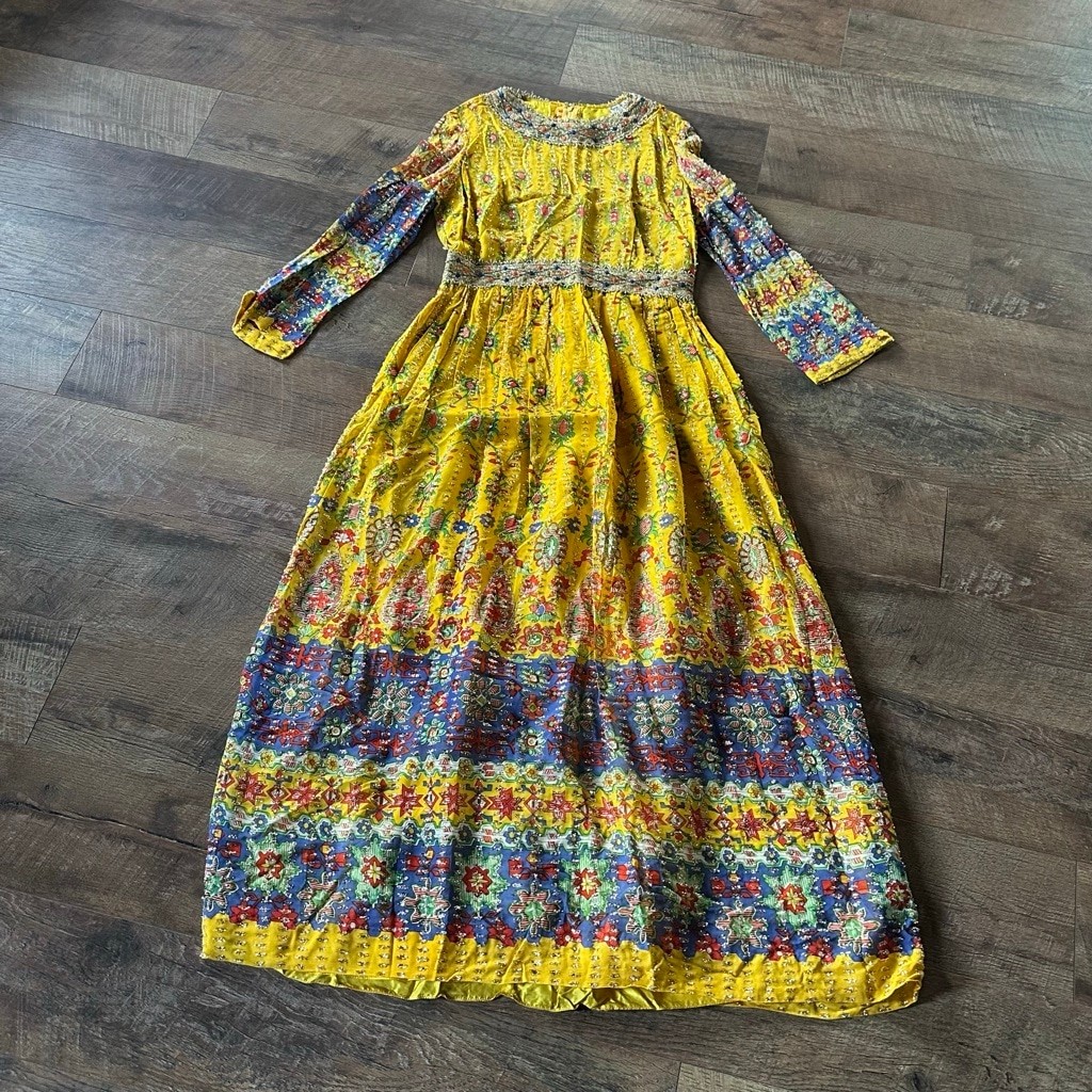 Women’s Bohemian Maxi Dress Yellow/Blue Floral Print Size M Summer