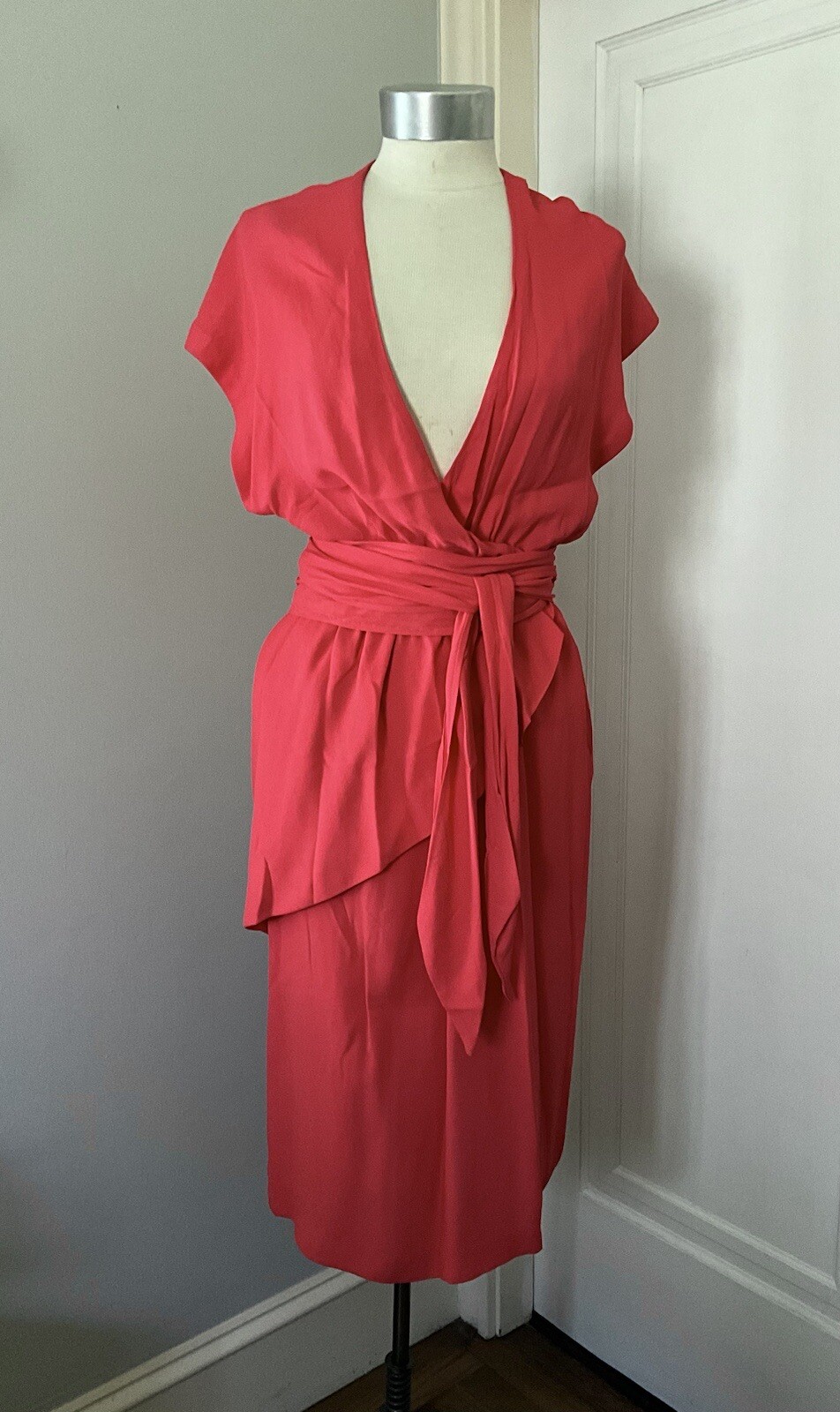 Vintage 1970’s Halston Coral Silk Crepe Spiral Wrap Dress