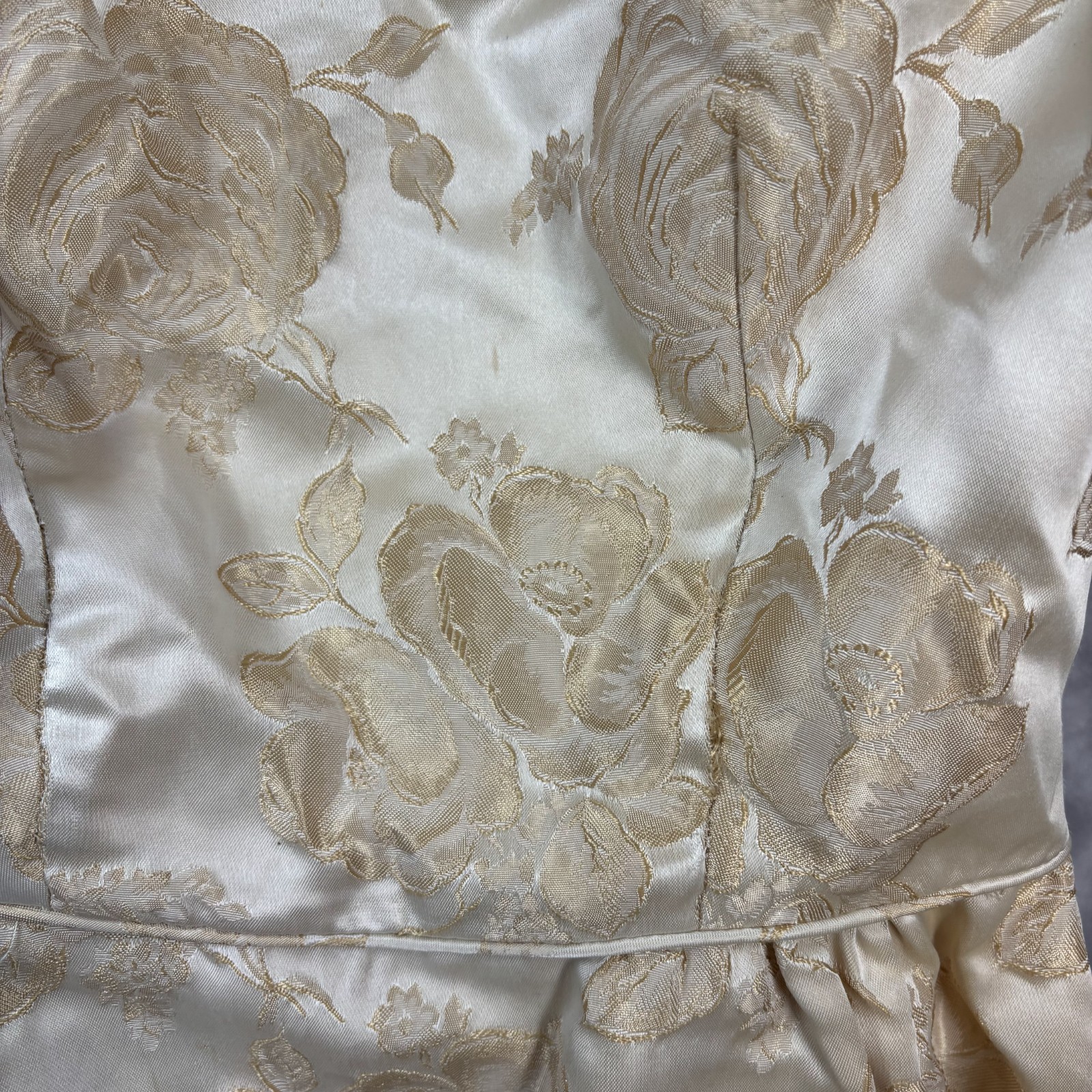 1950s Vtg Satin Brocade Formal Gown XS Champagne Rosette Waist Hand Made