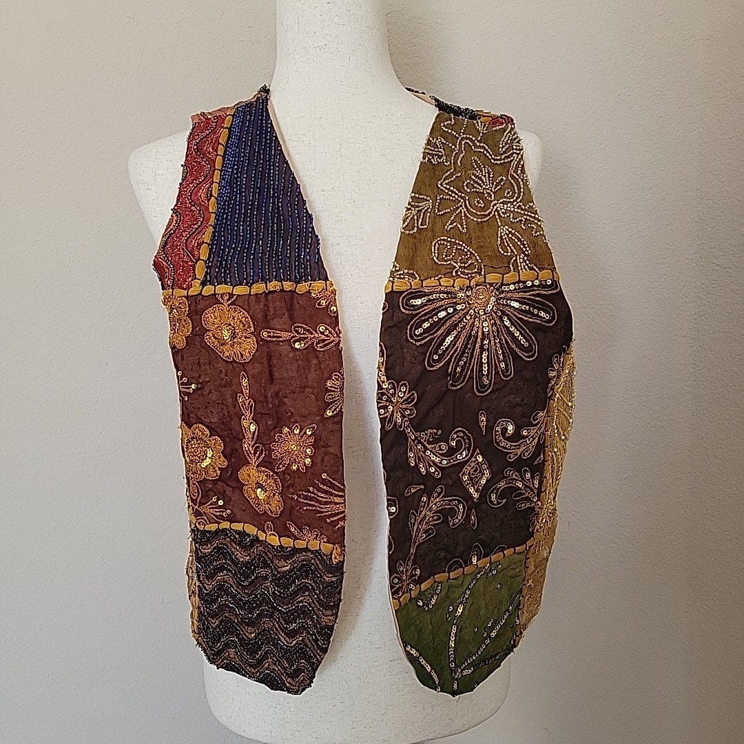 Vintage Beaded Patchwork Open Front Vest Sz O/S Hippie Boho Bohemian Cottage 90s