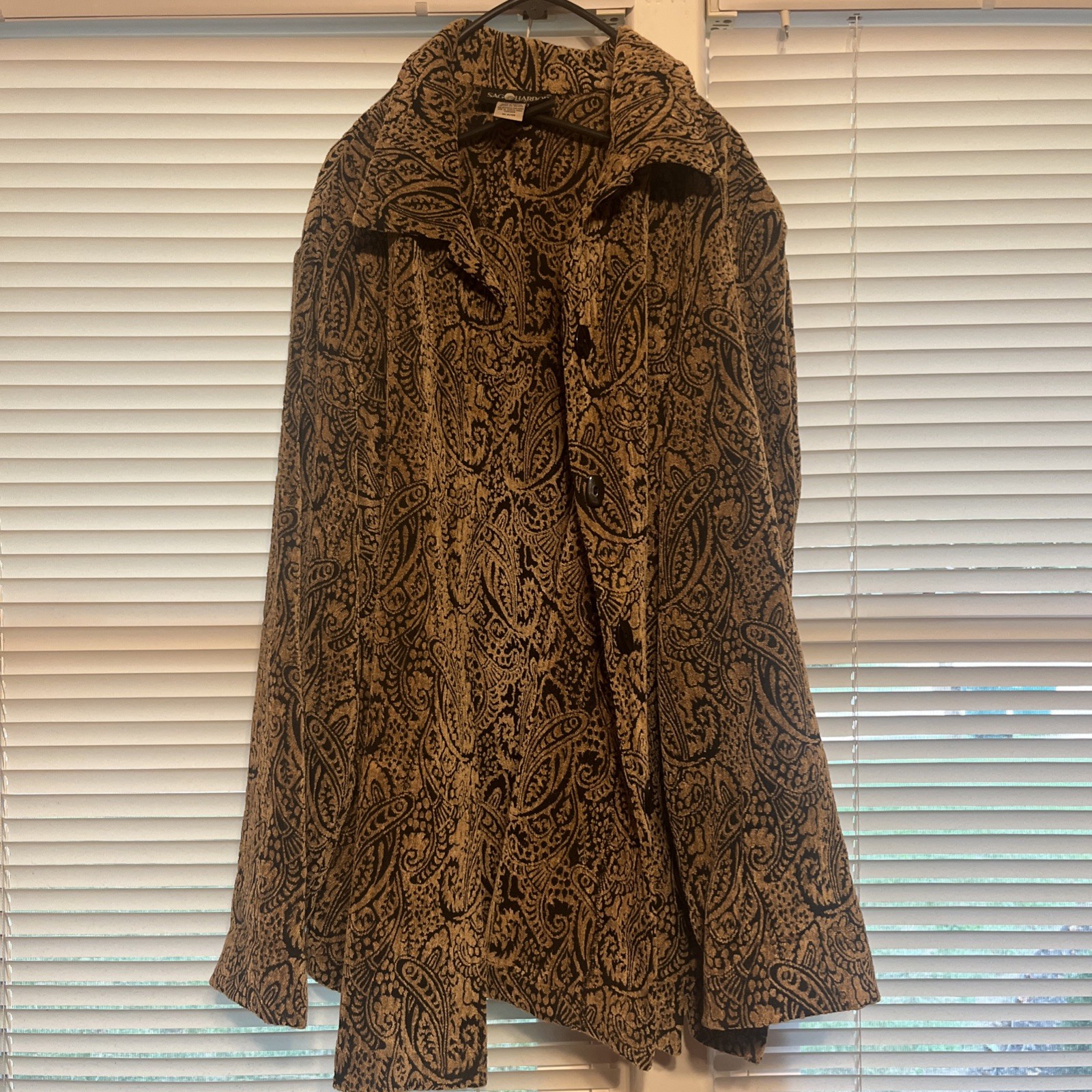 Sag Harbor Blazer Tapestry Paisley Jacket Black And Gold Button Long Sleeve