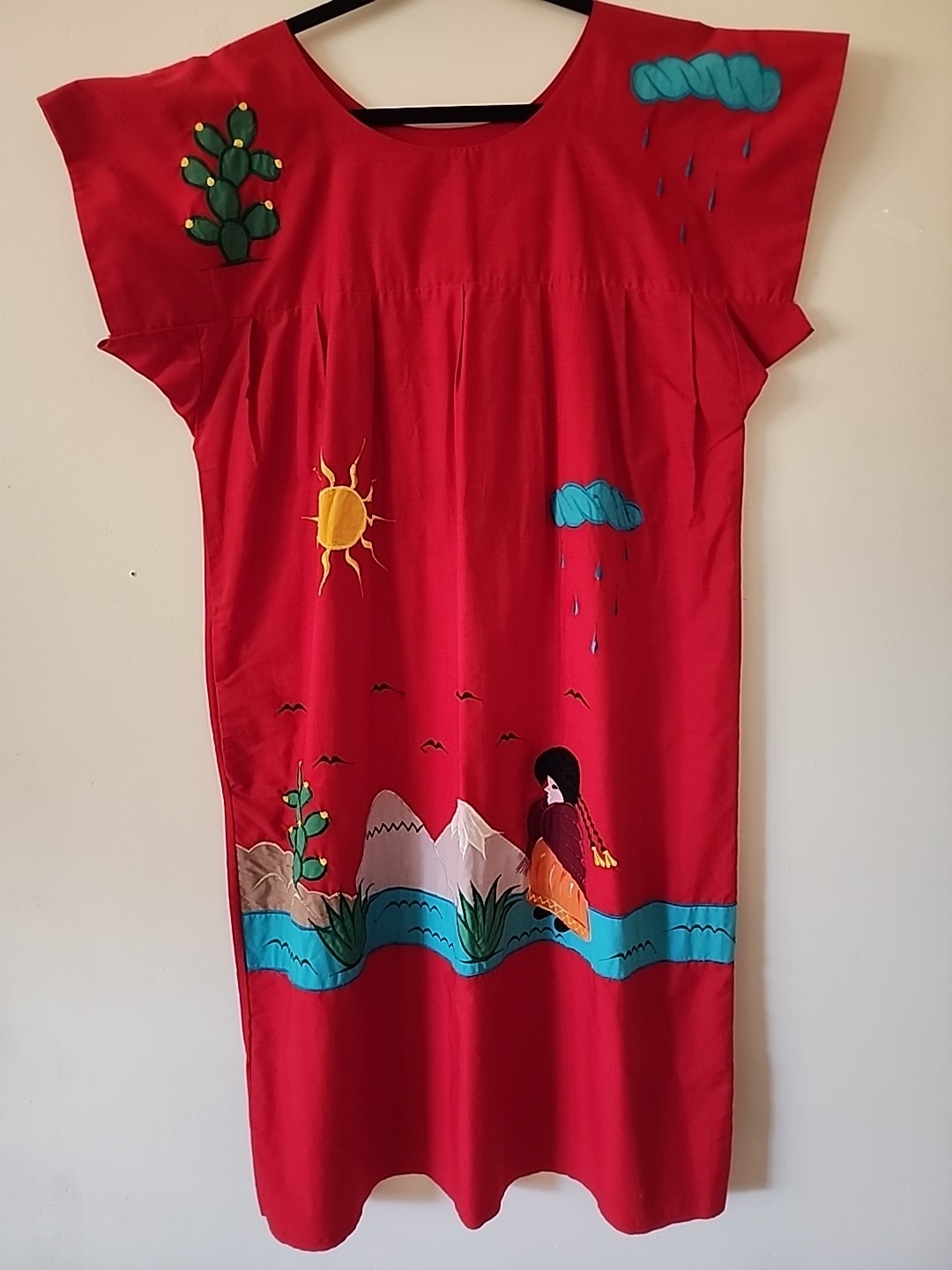 Vtg Patio House Dress Cottagecore Sz XL Red Southwest Native Art To Wear Cotton