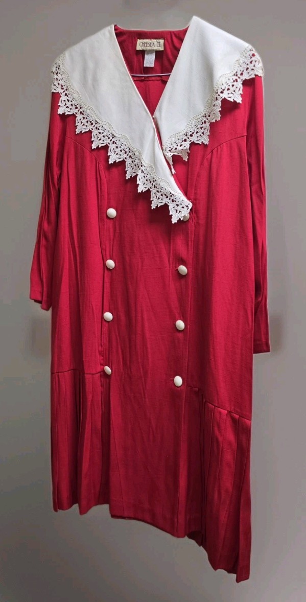 Vintage CHEL’SEA II Red Dress White Collar Woman 24P Made In USA