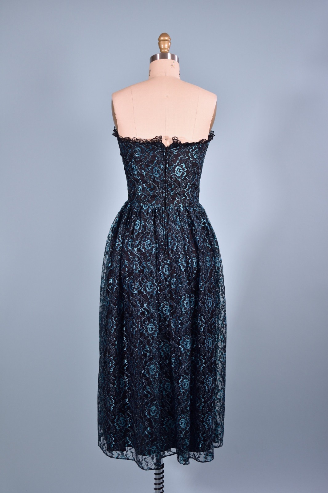Oldstock Vintage Black and Blue Metallic Lace Sweetheart Gown