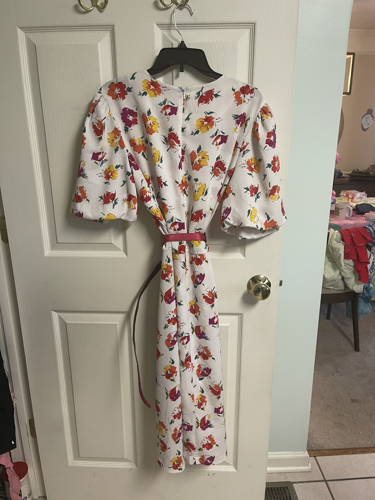 Leslie Fay VNT White floral dress Med 14 80s With Belt 70s Puff Sleeves Balloon