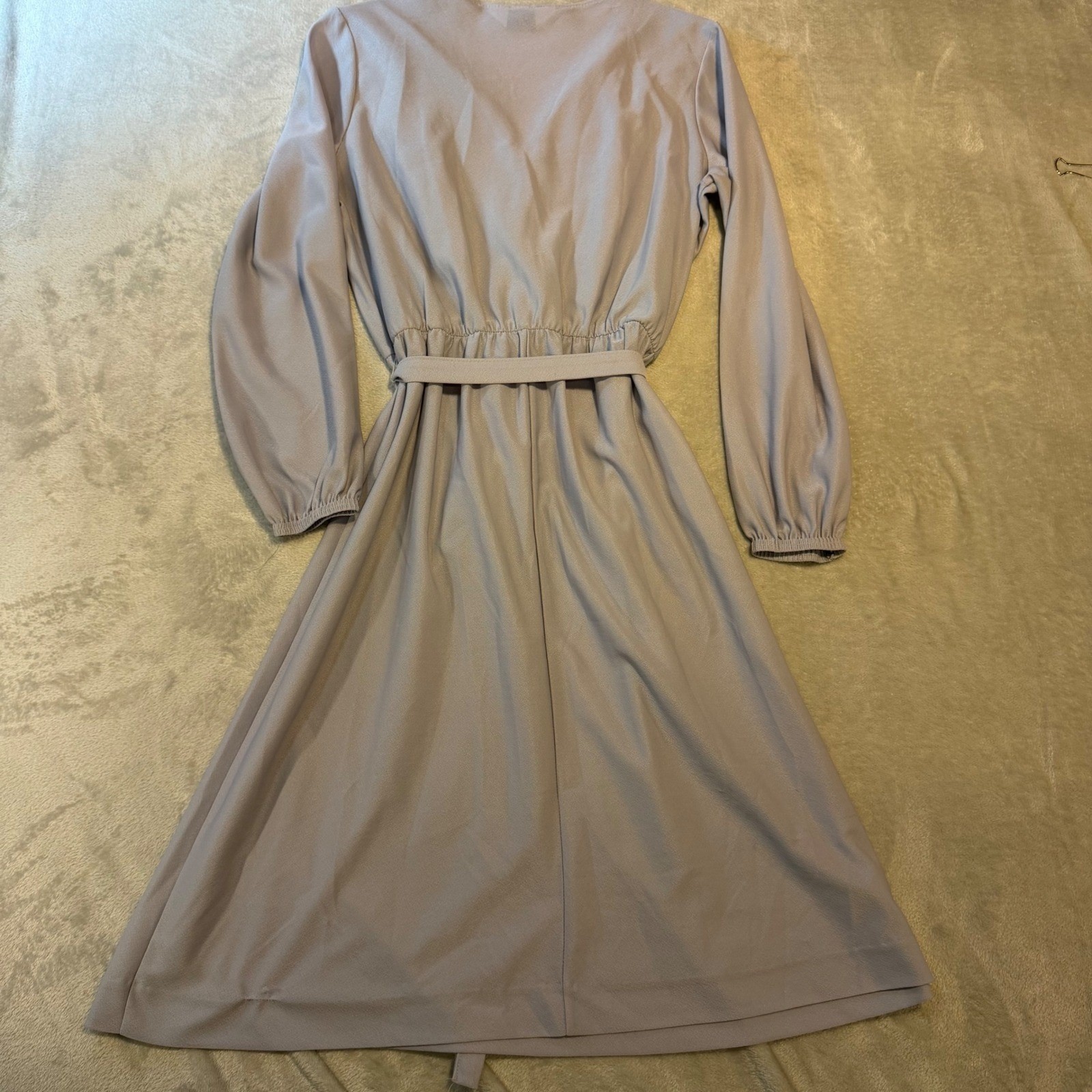 Vintage Belair Lavender Grey Pleated Ruffle V-Neck Bishop Sleeve Midi Dress 70s
