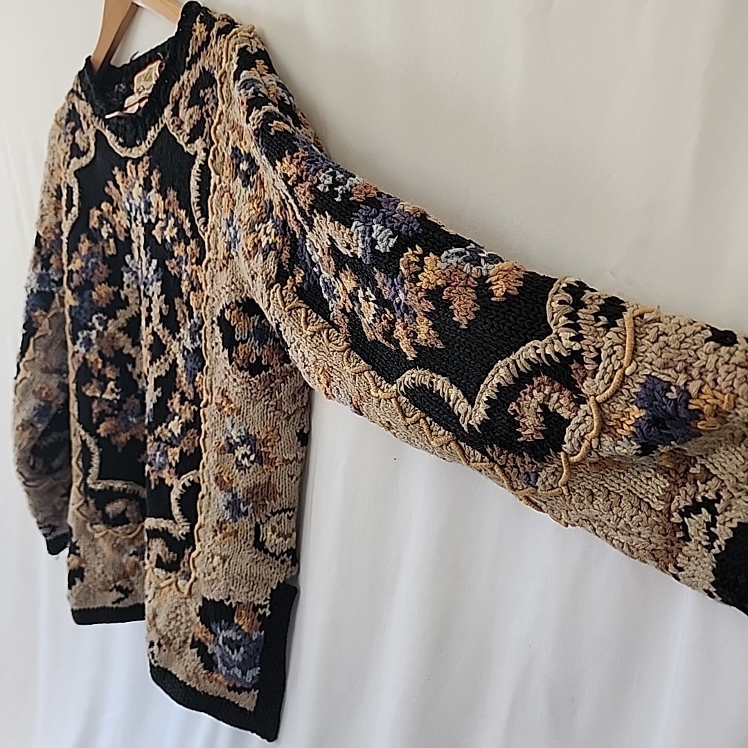 Vintage Crystal – Kobe Hand Knit Floral Grandma 80s Sweater Sz LG Cotton,Ramie