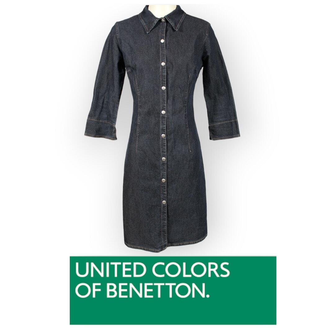 Vintage Benetton Dress (M) Denim Snap-Front Fitted Knee-Length Stretch Italy