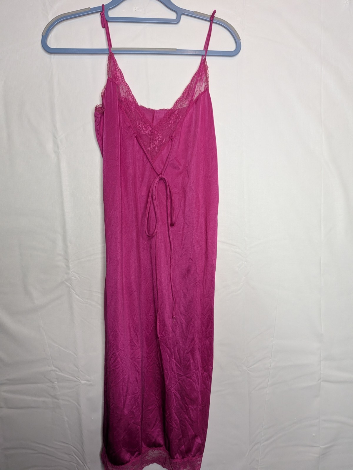 Vtg 90s Hot Pink Silky Lace Nylon Nightgown Glamorous Maxi Dress Lingerie M