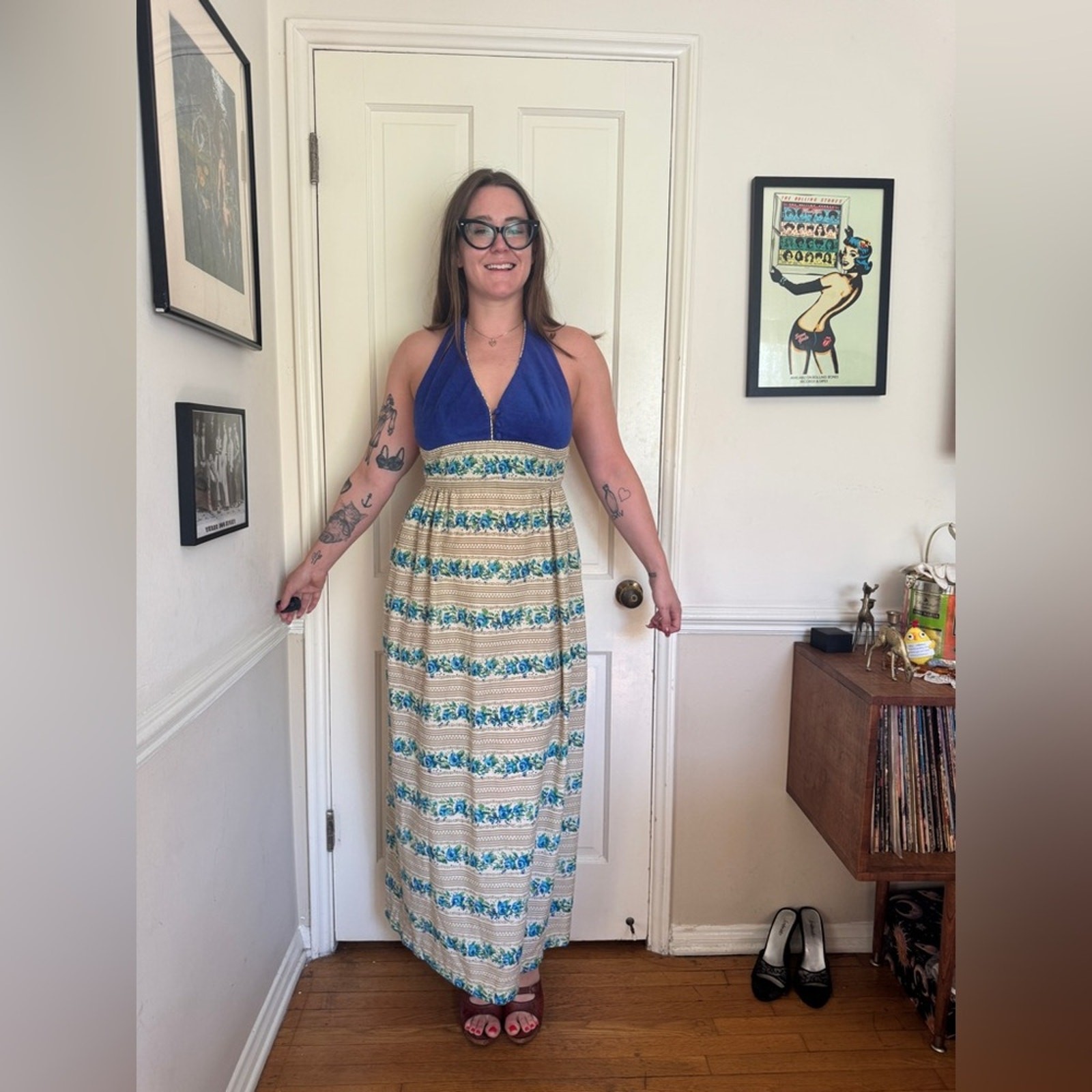 70s Vintage Blue and Cream Floral Halter Maxi Dress