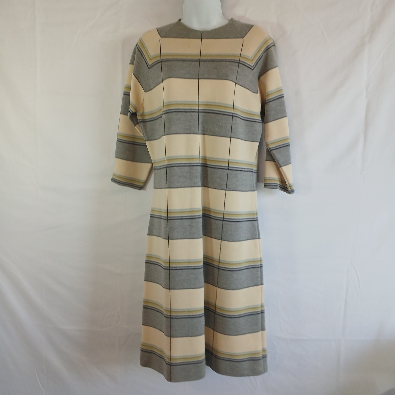 Cadillac vintage Dress Beige Stripe Shift Wool Sz 16 Casual Office Wear