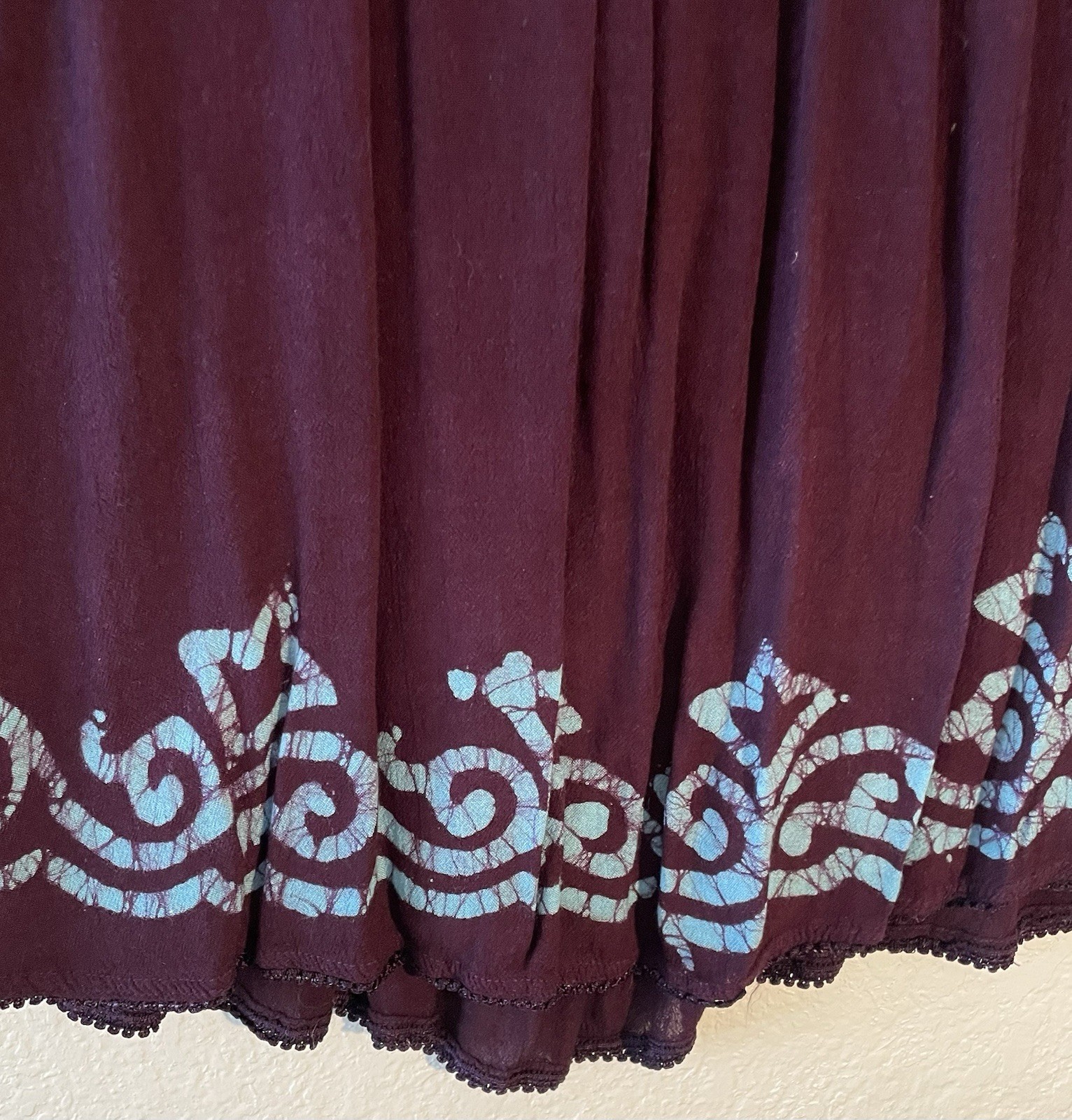 Vintage Deep Plum & Teal Batik Embroidery Crinkle Rayon Ethnic Hippie Top