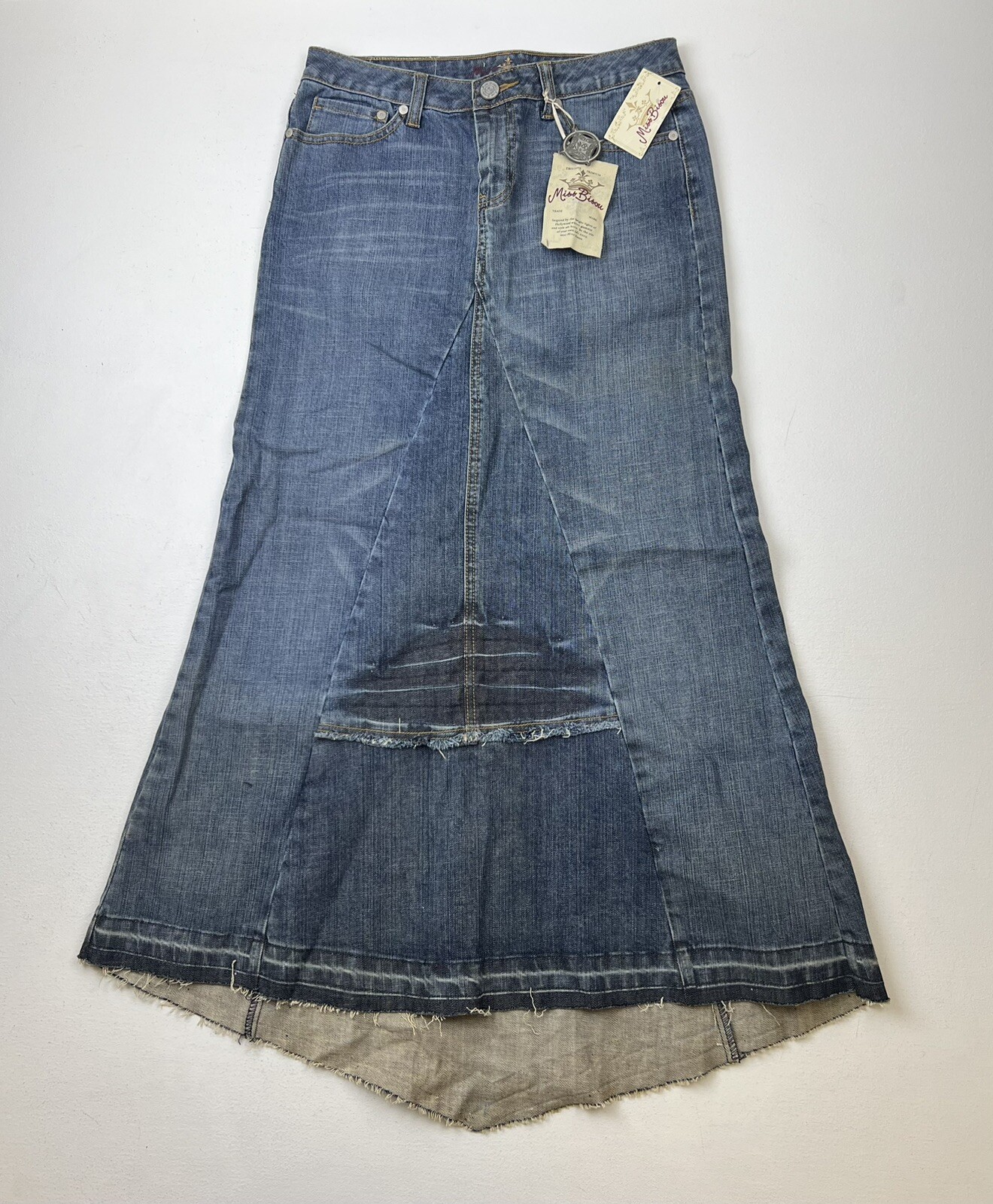 Vtg Y2K Miss Bisou Denim Maxi Skirt Sz 7 Modest Western 29″ Waist Raw Hem NOS