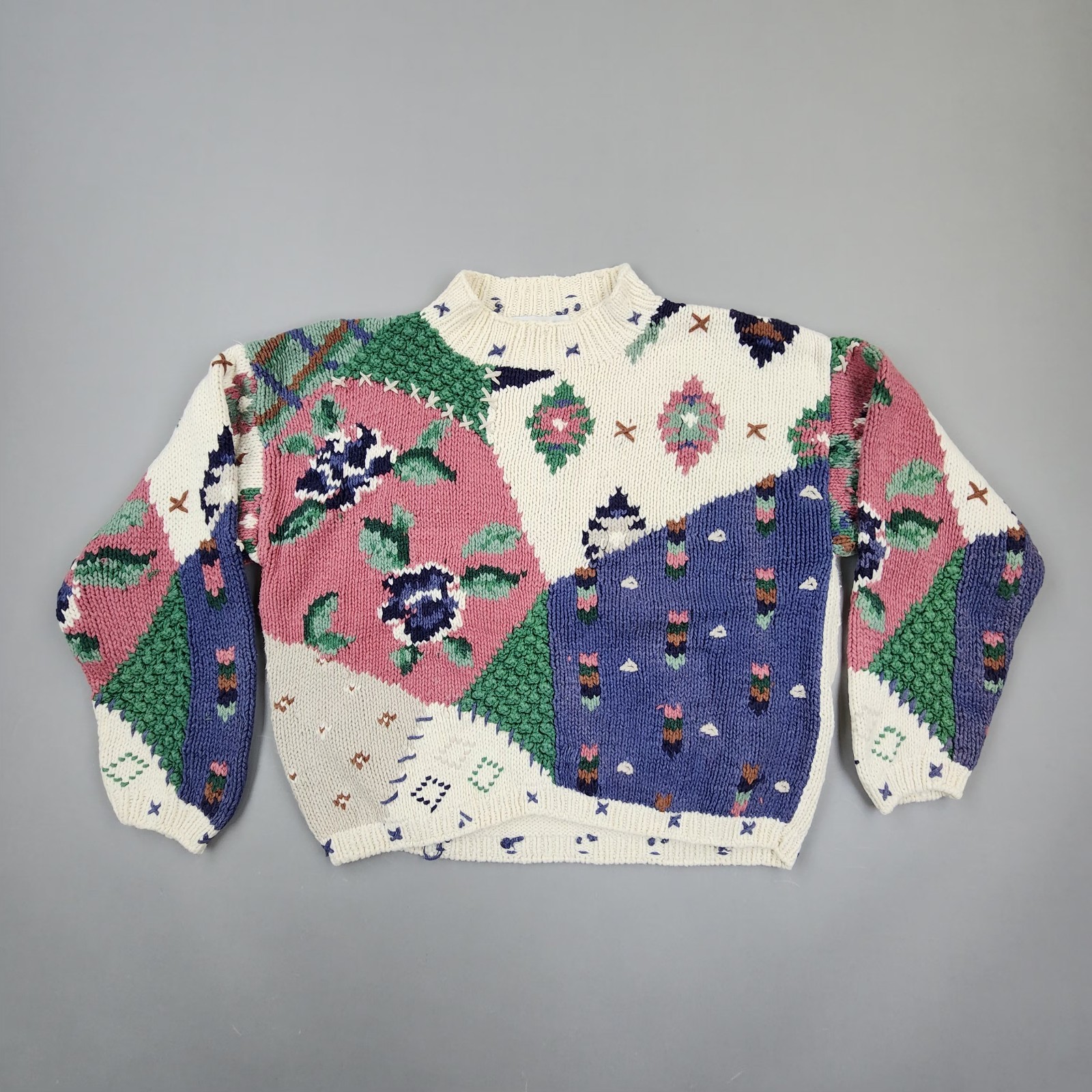Vtg 80s 90s Paris Sport Club Patchwork Chunky Cropped Sweater Womens M