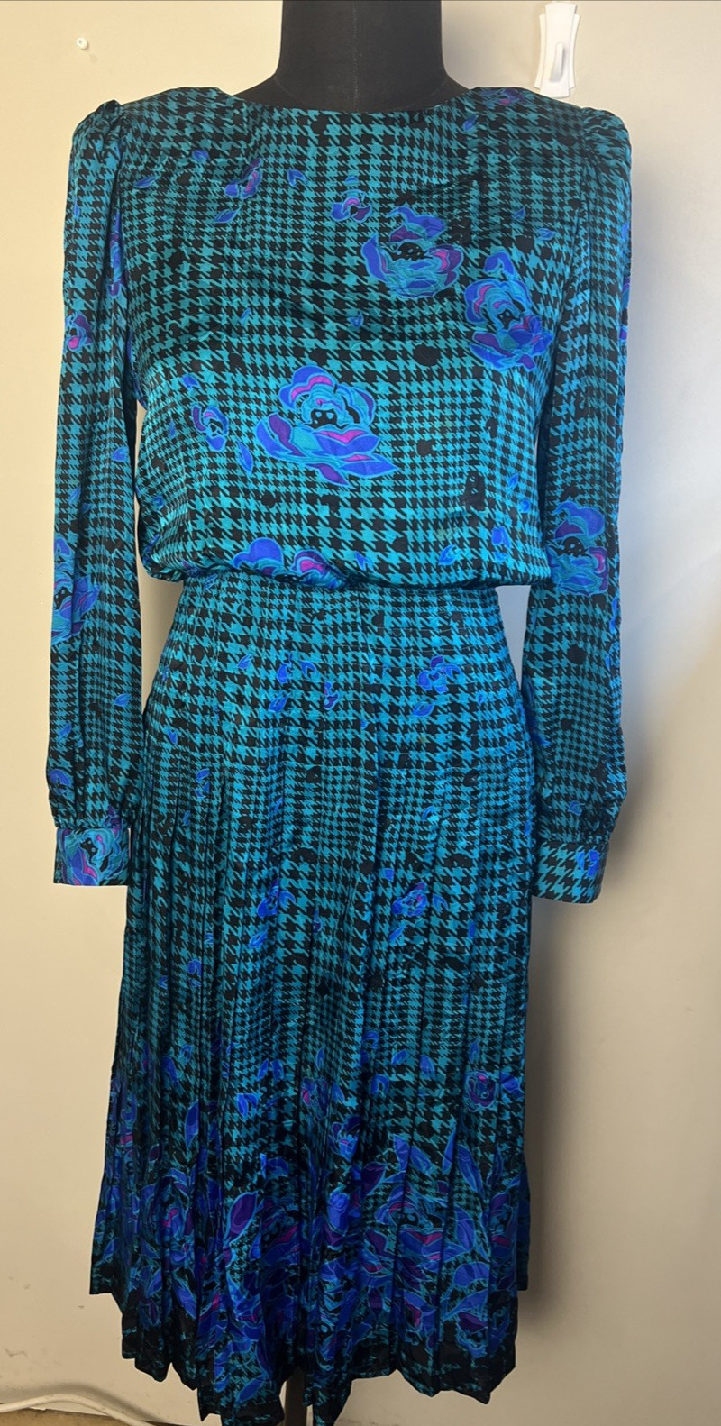 Adrianna Papell 100% Silk Size 8 Dress Pleated Teal HoundsTooth VTG 80s