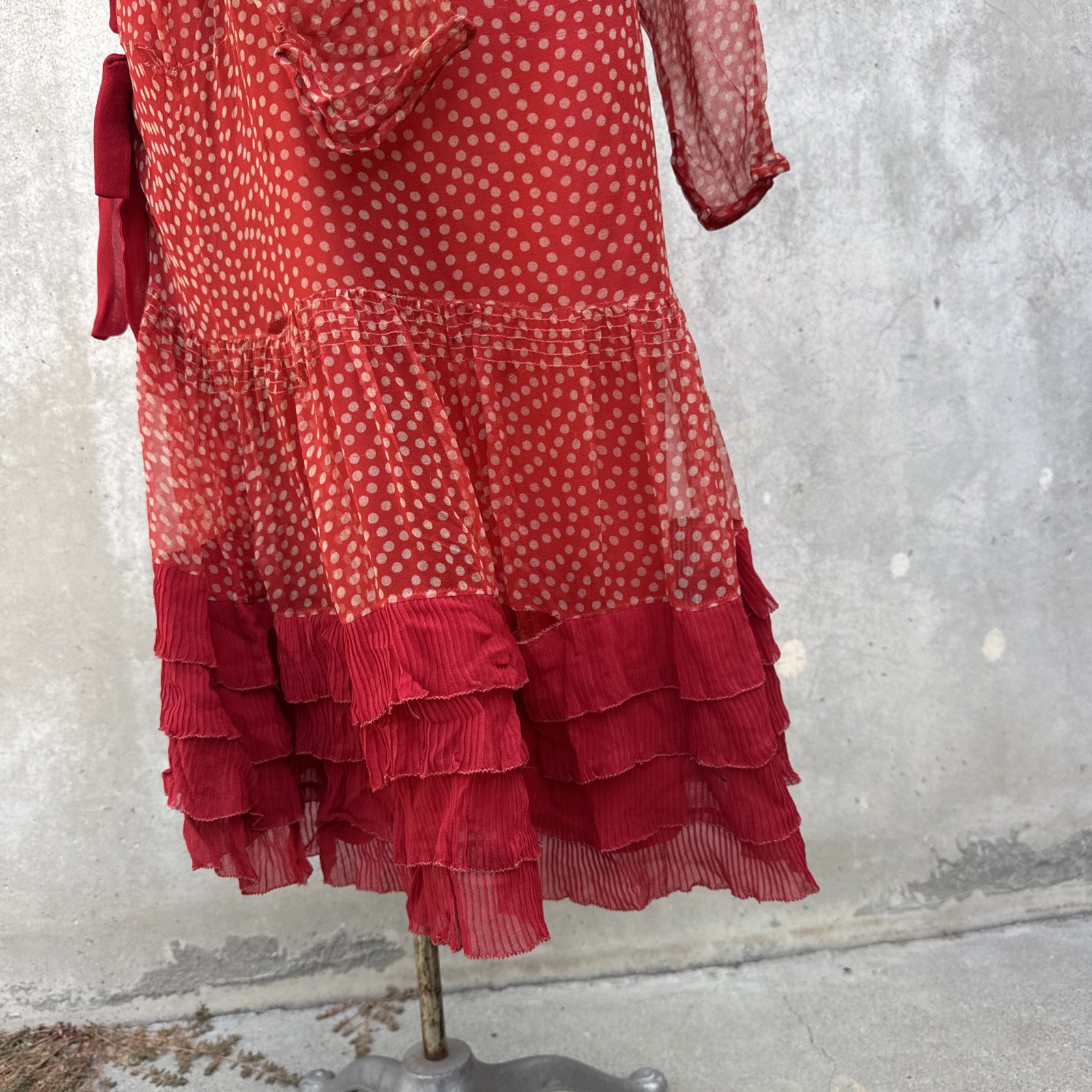 Antique 1920s Red Silk Chiffon Dress Polka Dot Asymmetrical Bow Marjone Vintage