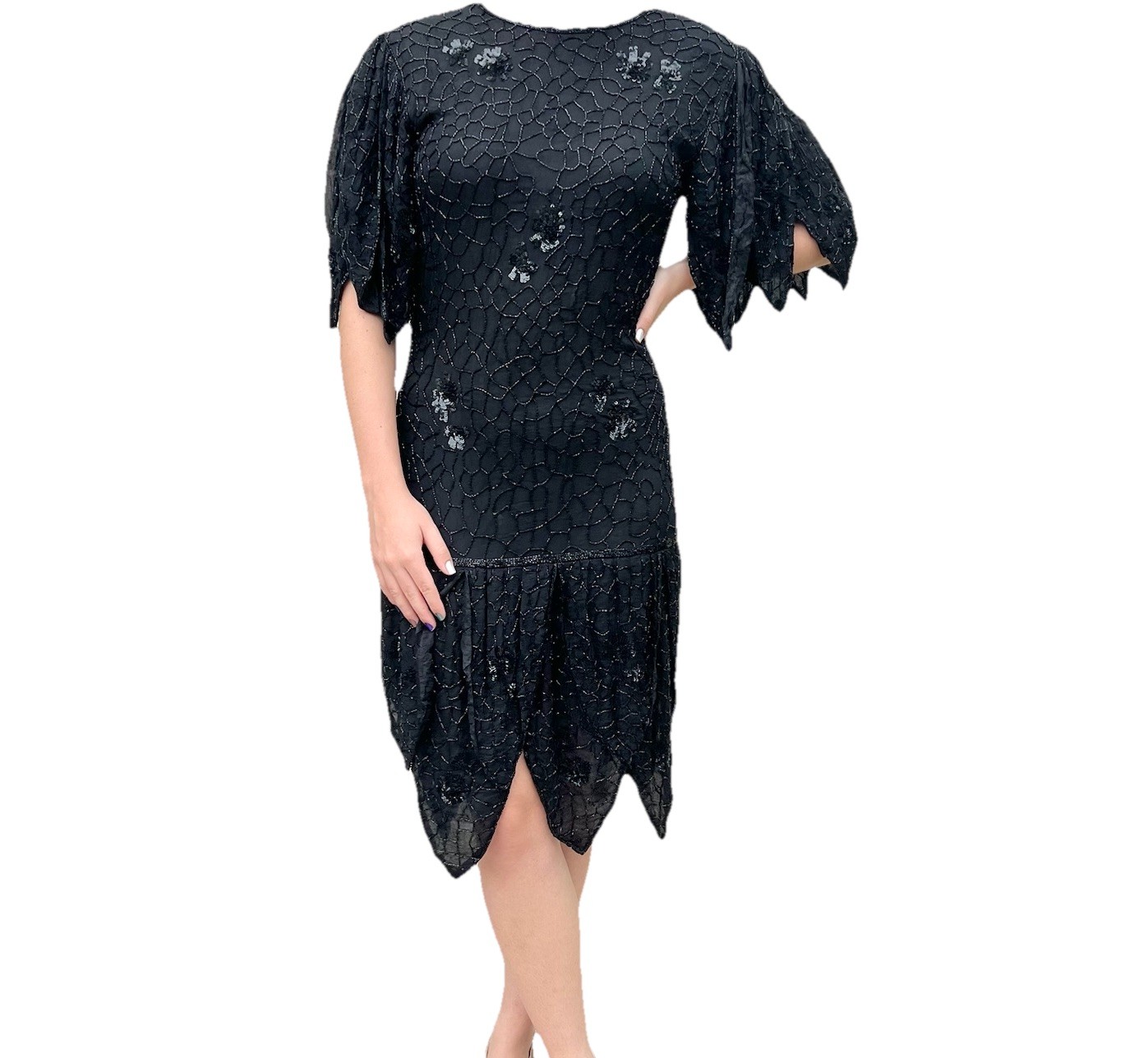 Vintage Frank Usher Black Silk Beaded & Sequin Dress Hand Woven M. Whimsigoth