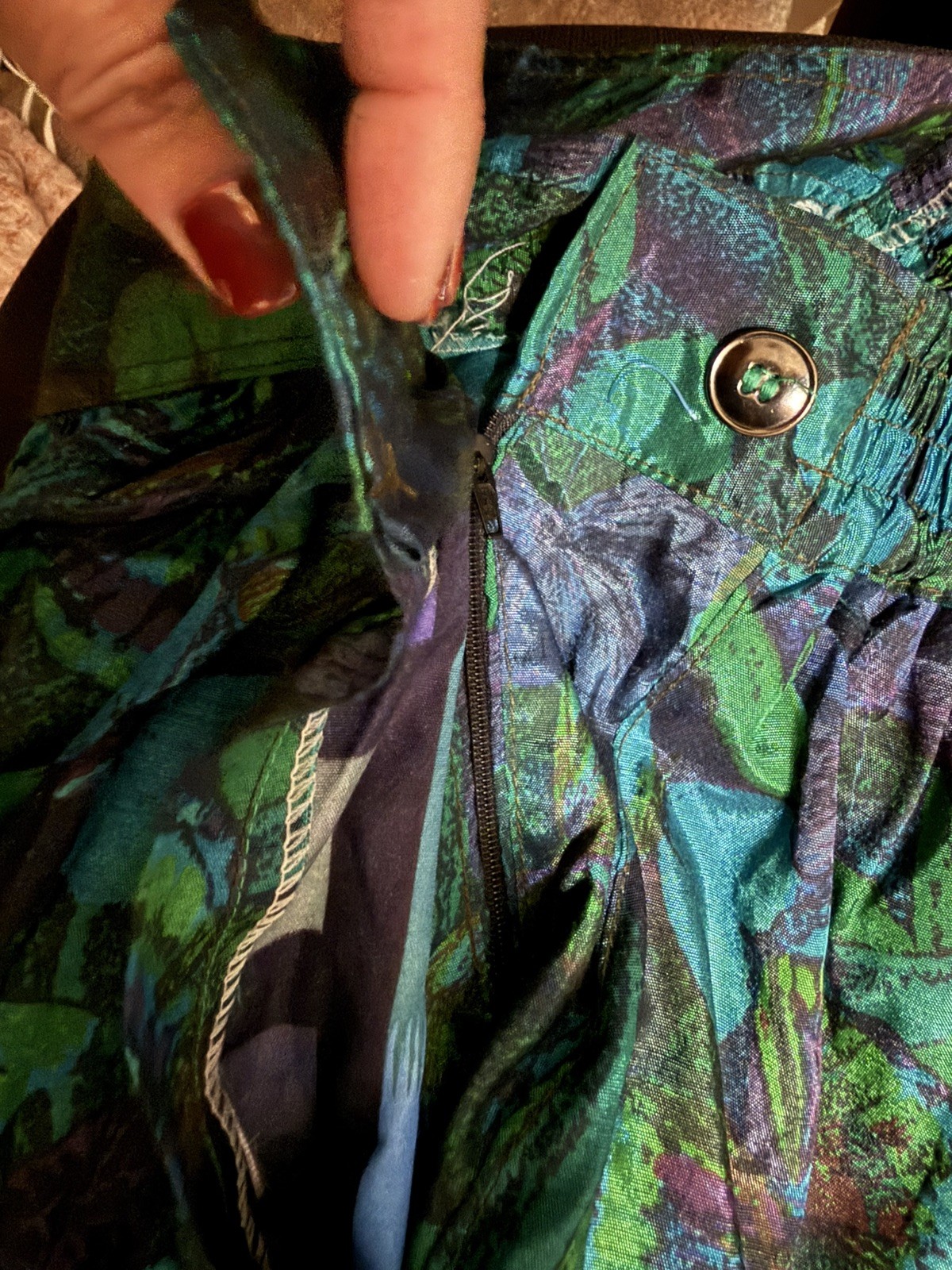 Chindamanee Thai Silk Butterfly Print Midi Skirt Green Blue Vintage Size S