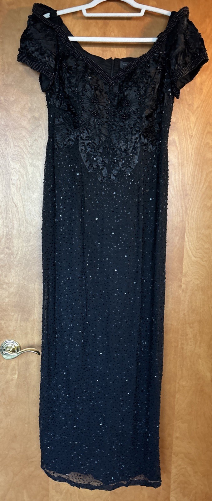 56 VTG Ted Lapidus Paris Off Shoulder Silk Beaded Dress Gown Black Soutache 16