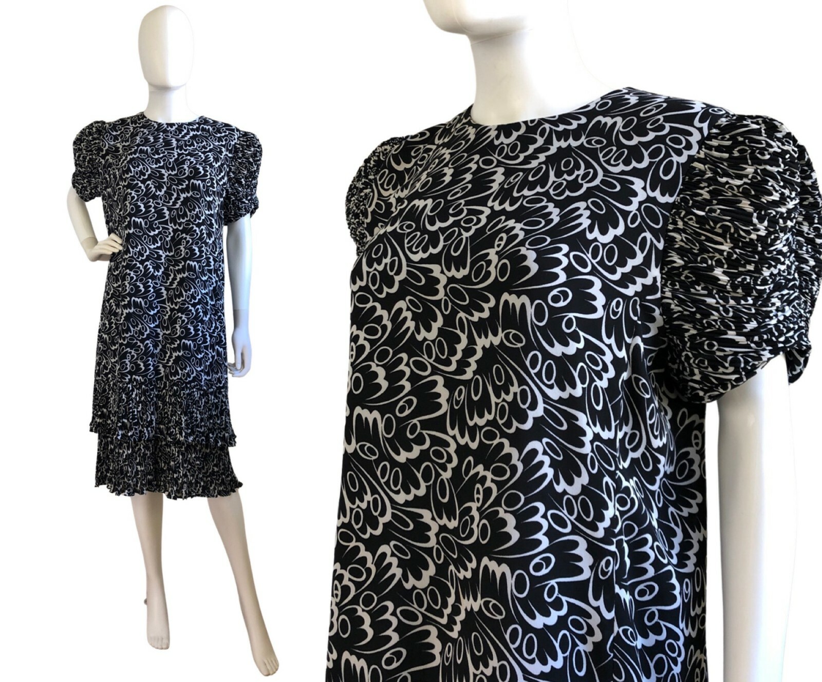 Vintage Fancy Dress 1980s New Old Stock Black White Ruffle Sleeve Hem Size Small