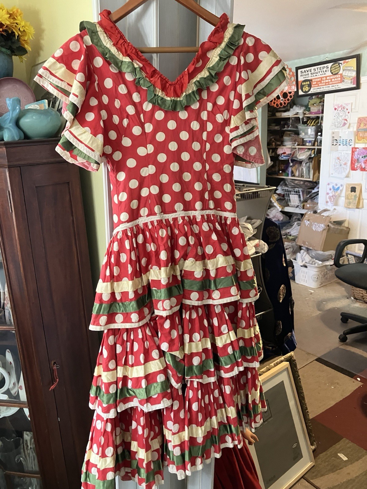 Vintage Handmade Mexican Dress Red Polka Dot Ribbon Fiesta Boho Peasant Size L