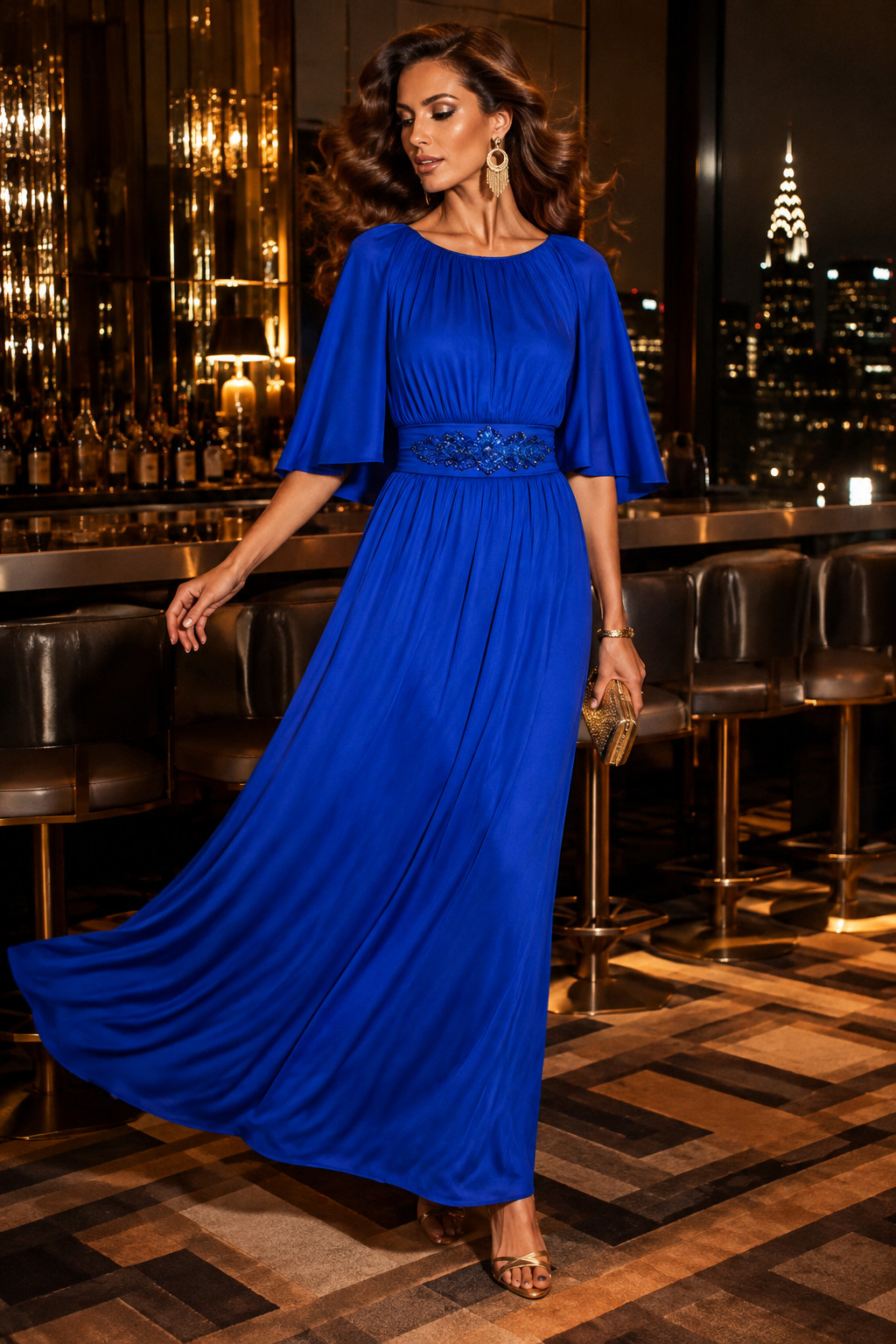 70s maxi dress evening dress Höpfner Jeunesse vintage royal blue cape sleeves 42 44
