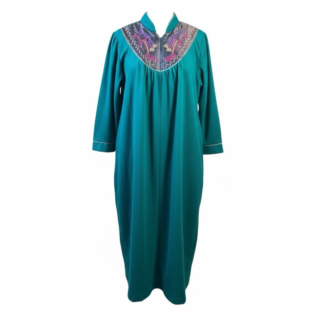 Vintage Just For Women Green Robe Lounge Sleepwear Muumuu Housecoat 90s L XL
