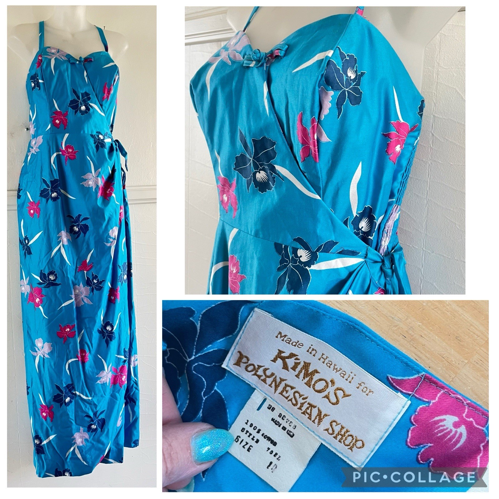 VTG 60’s Kimo’s Polynesian Shop Hawaiian 🌺 Turquoise Maxi Wrap Sarong Dress-14