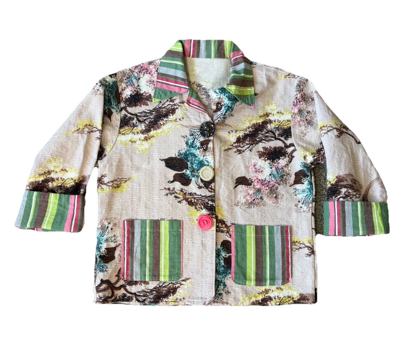 Vintage Mod 60s 70s Barkcloth Patio Chore Jacket Tropical Colorful Women’s XL 1X