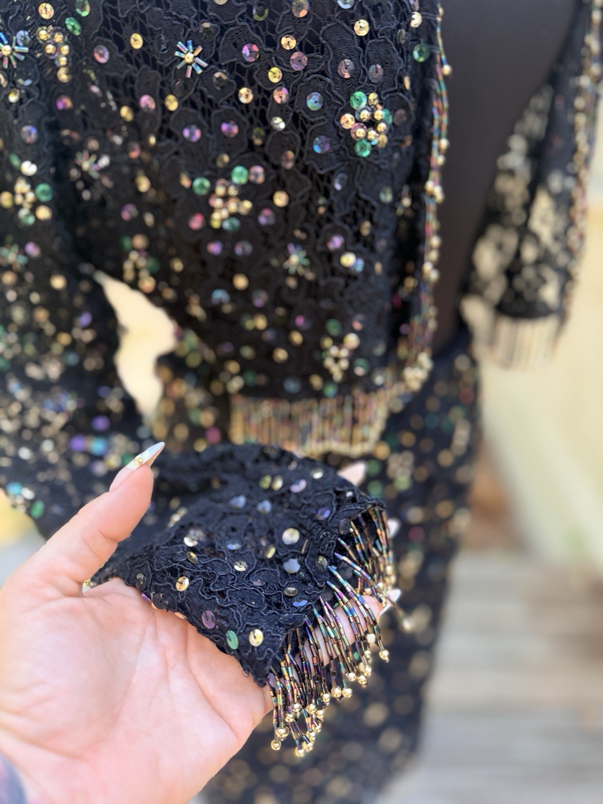 Vintage 1980s Vivienne Tam Crochet Lace Sequin Beaded Fringe Skirt Set