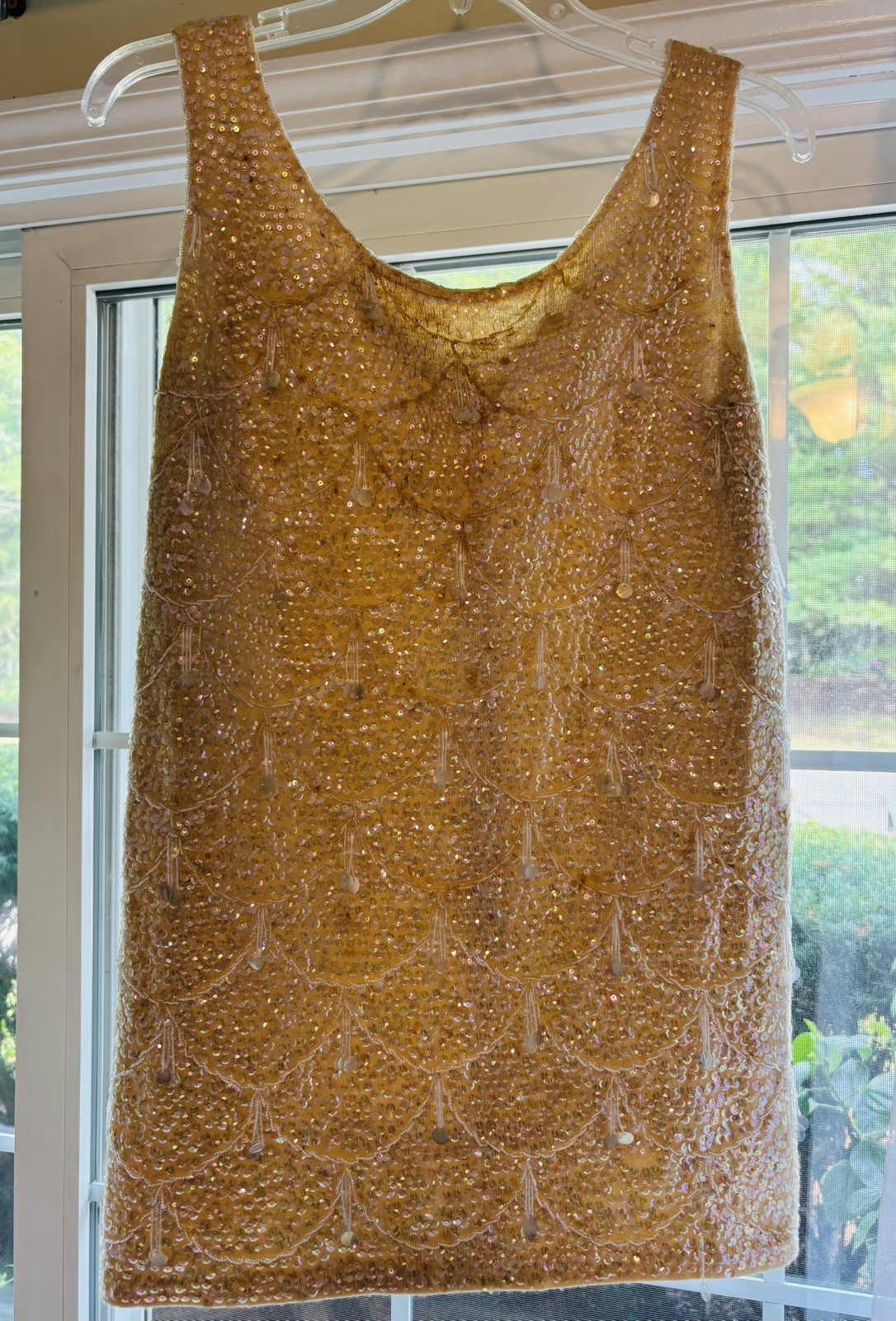 Authentic Vintage 1960s Hand Beaded Iridescent Scalloped Tank with Beaded Fringe