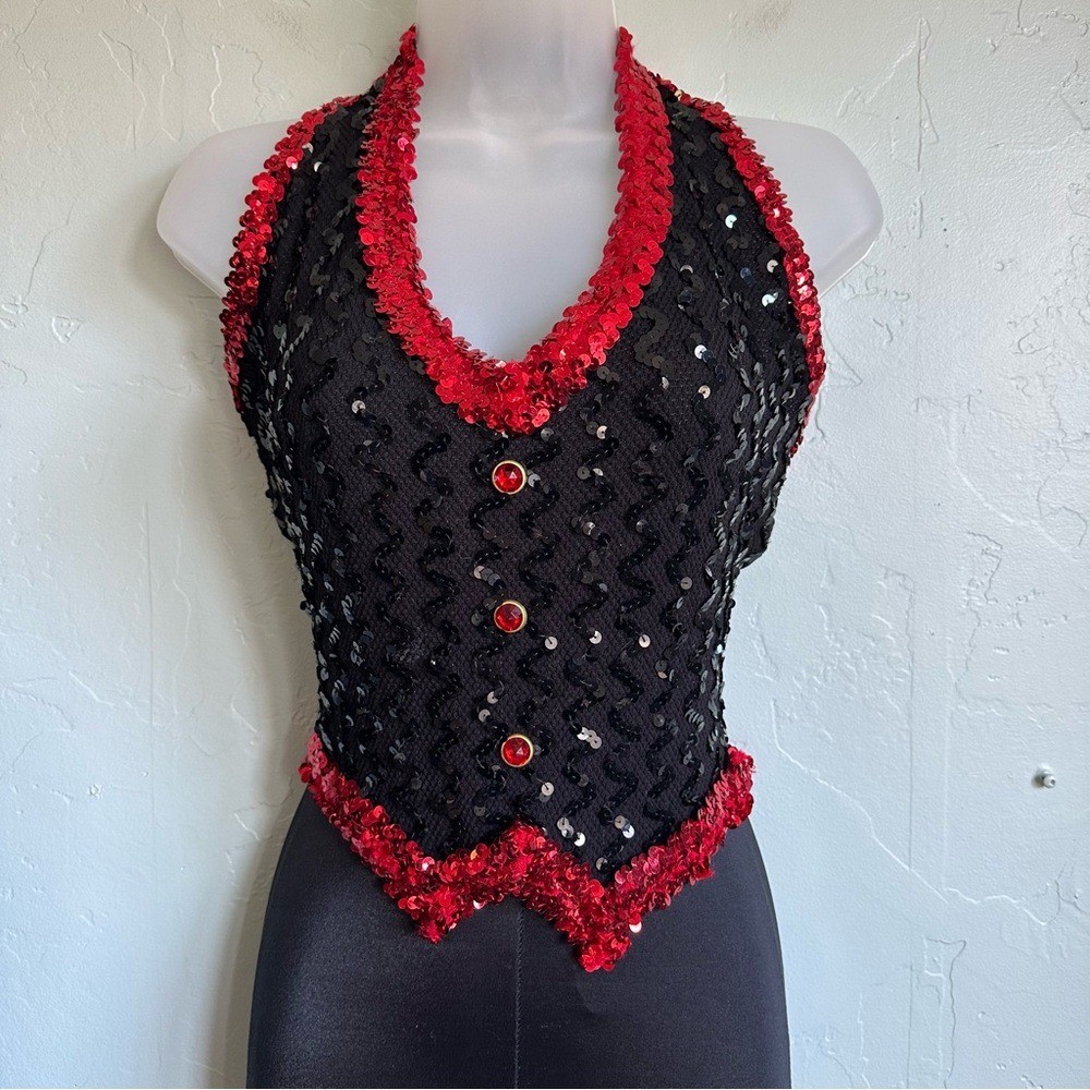 Vintage 90’s Curtain Call Black Red Sequins Halter Flare Jumpsuit Dance Costume