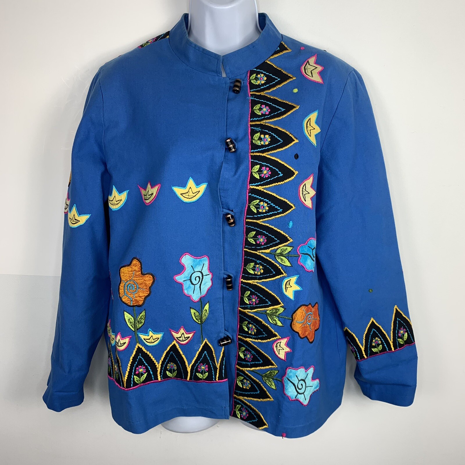 Indigo Moon Jacket sz M Blue Floral Embroidered Artsy Boho Whimsical VINTAGE