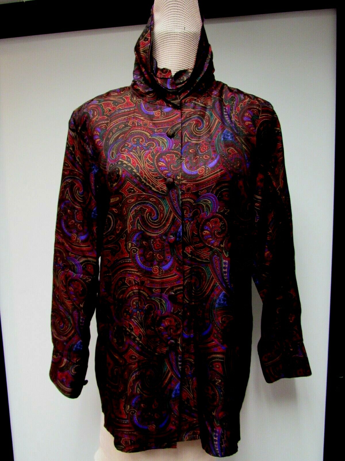 VTG ANN MAY Silk Blouse Top Mandarin Collar Paisley Taupe Brown Purple Red EUC