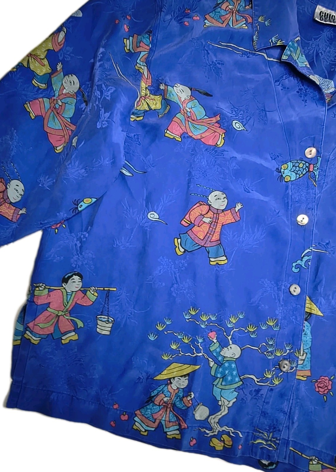 Vintage 80s 90s Chico’s Design Asian 100% Silk Blouse Royal Blue Size L