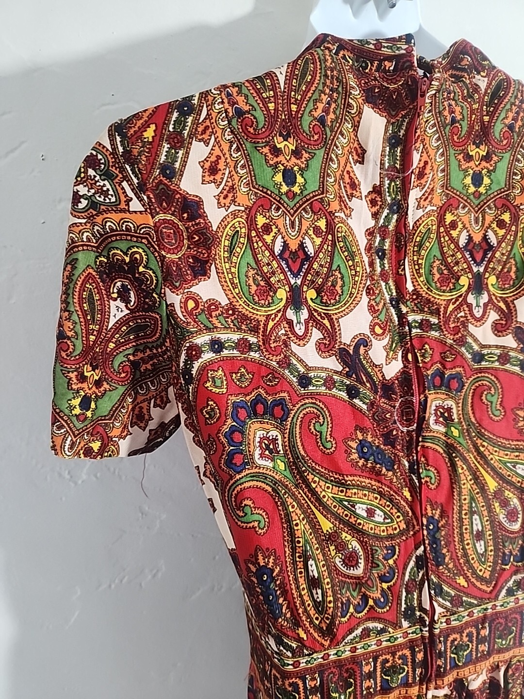 vintage 70’s dress paisly polyester psychedellic jerrie lurie 1970’s hippy 27″ w