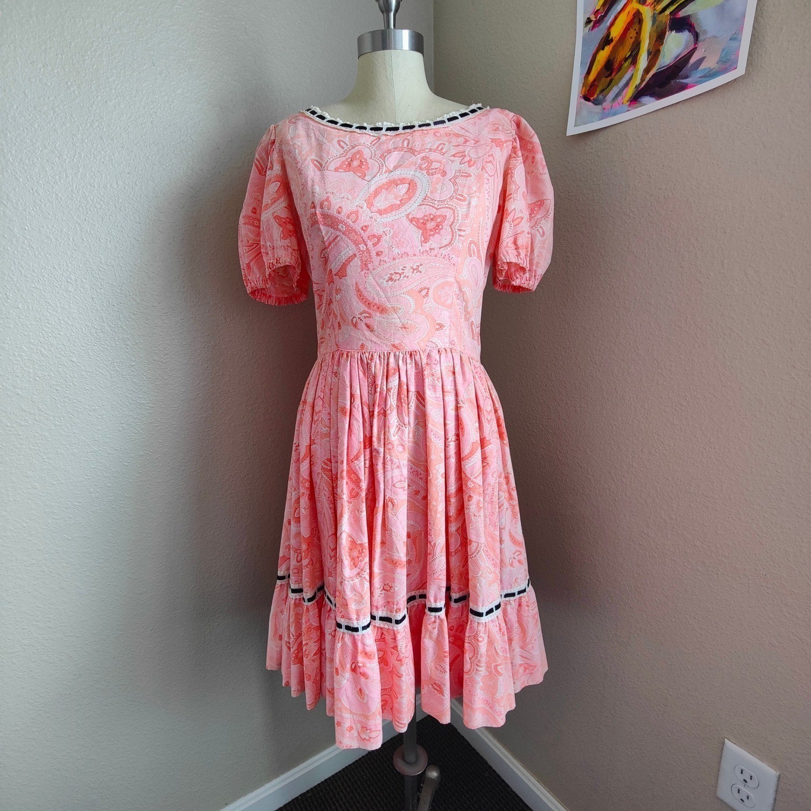 Vintage 60s 70s Handmade Pink Paisley Dress Square Dance Circle Prairie Western