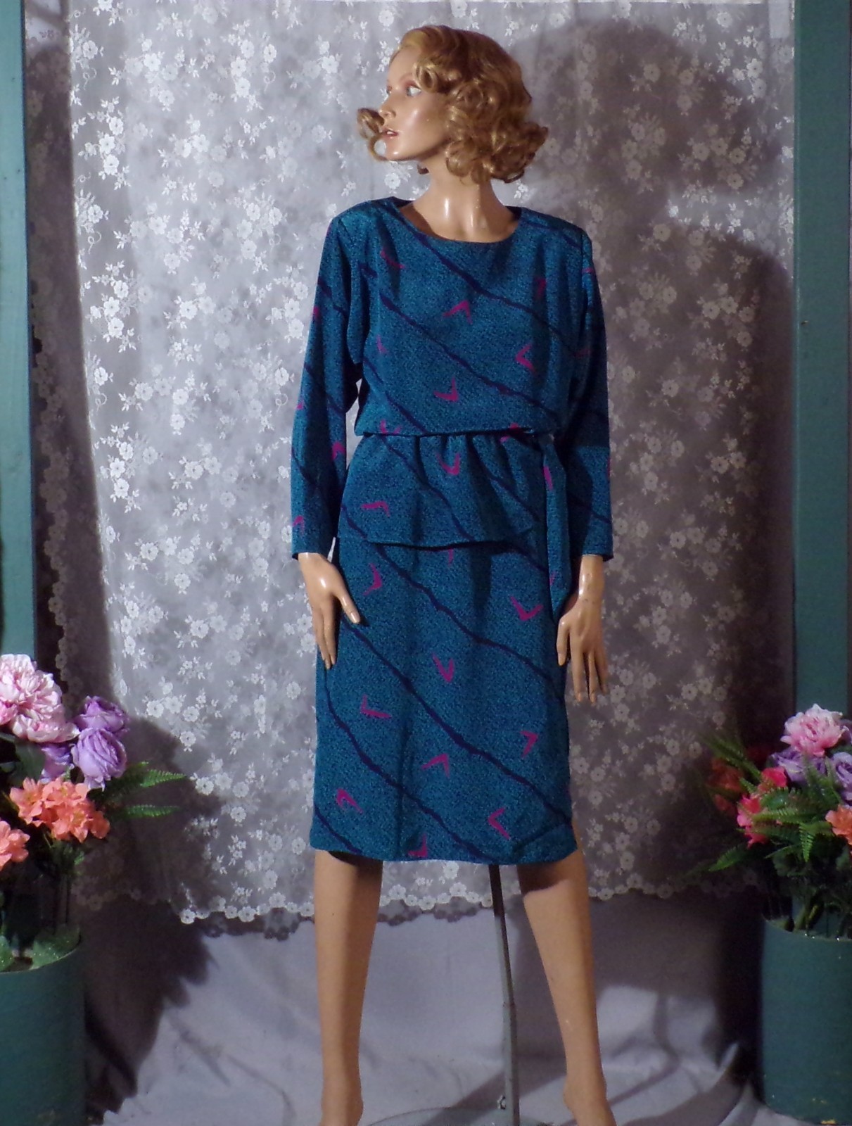 Vintage 80s Peplum Dress Size Medium 1980s Retro New Wave Secretary Turquoise