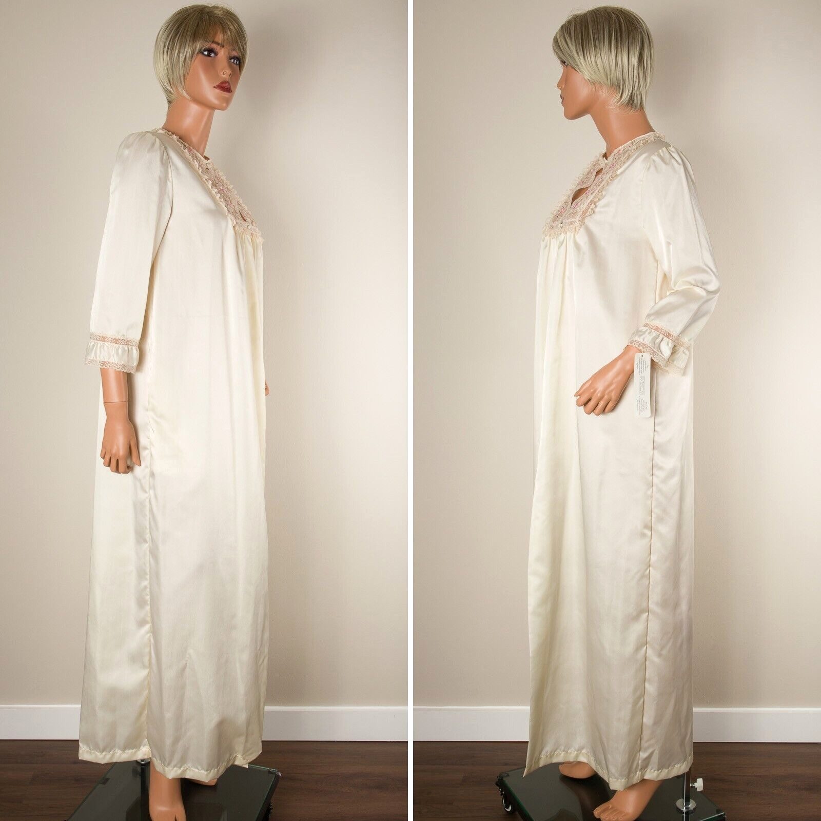 💖BARBIZON Ivory Cream Maxi Robe Nightgown Soft Silky Nylon Embroidered Lace M