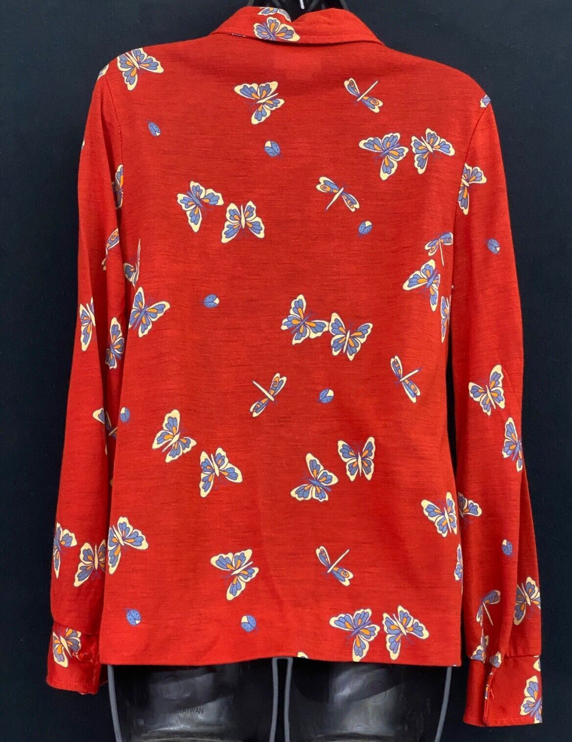 Vintage 1970s red novelty print shirt, bugs butterfly deadstock blouse top rust